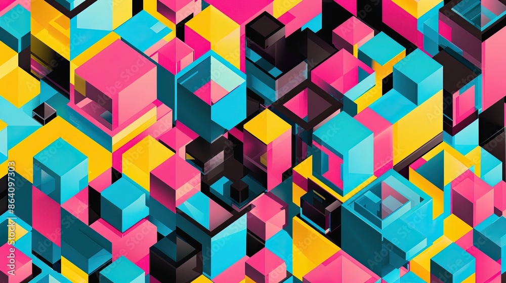 Obraz premium isometric cube pattern using bright cyan, magenta, yellow, and black