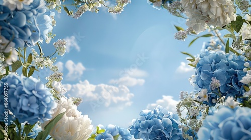 Fototapeta Naklejka Na Ścianę i Meble -  A serene frame surrounded by a mix of blue hydrangeas and white peonies, set against a sky-blue background, invoking a peaceful, airy atmosphere.