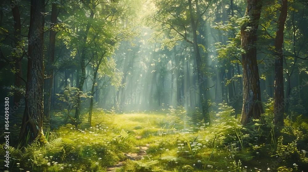Obraz premium Forest glade with sunlight filtering through trees, lush greenery, detailed, photo realism