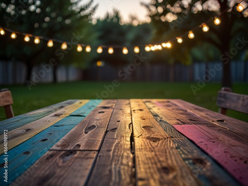 Empty Wood table top with decorative outdoor string lights hanging on trees in the revier nature  at sunset time, photo