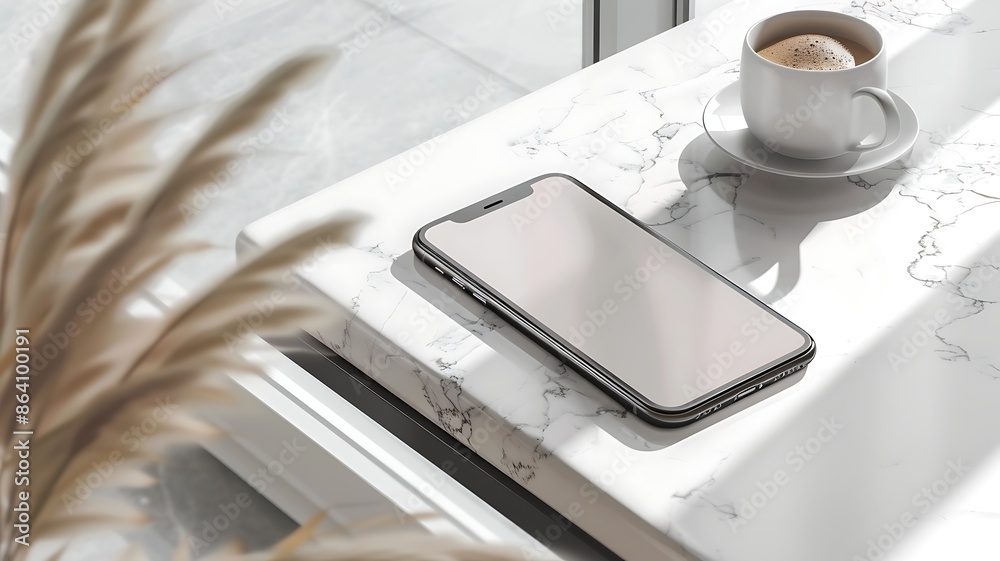 Smartphone and coffee on marble surface by window mockup Smartphone and coffee on marble surface by window mockup