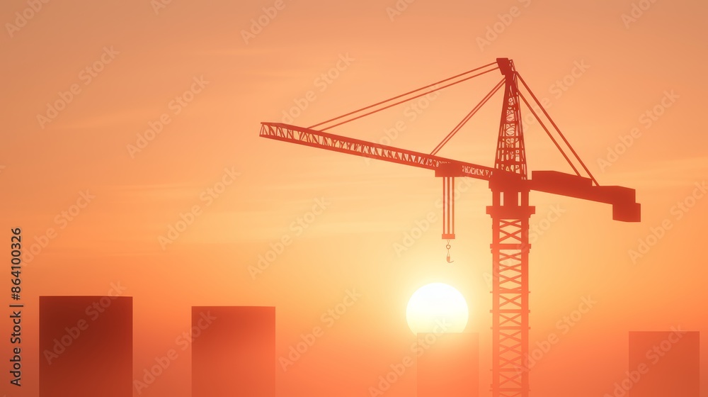 Crane operating at an industrial construction site, sunset casting warm light, bustling with activity, cranes lifting materials, urban landscape evolving, silhouettes against the sky Crane operating at an industrial construction site, sunset casting warm light, bustling with activity, cranes lifting materials, urban landscape evolving, silhouettes against the sky