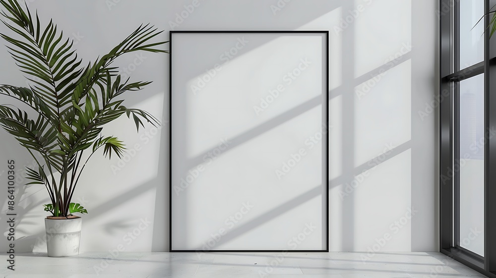 A minimalistic interior with a large blank picture frame leaning against a white wall. A potted plant is placed next to the frame, sunlight streams through a nearby window A minimalistic interior with a large blank picture frame leaning against a white wall. A potted plant is placed next to the frame, sunlight streams through a nearby window
