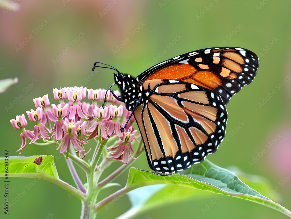 Vibrant monarch butterfly perched on a milkweed flower, showcasing striking contrast of colors in nature. Vibrant monarch butterfly perched on a milkweed flower, showcasing striking contrast of colors in nature.