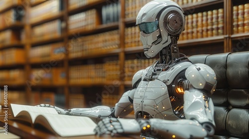 Futuristic Cybernetic Robot Reading a Book in a Library Surrounded by Shelves of Books