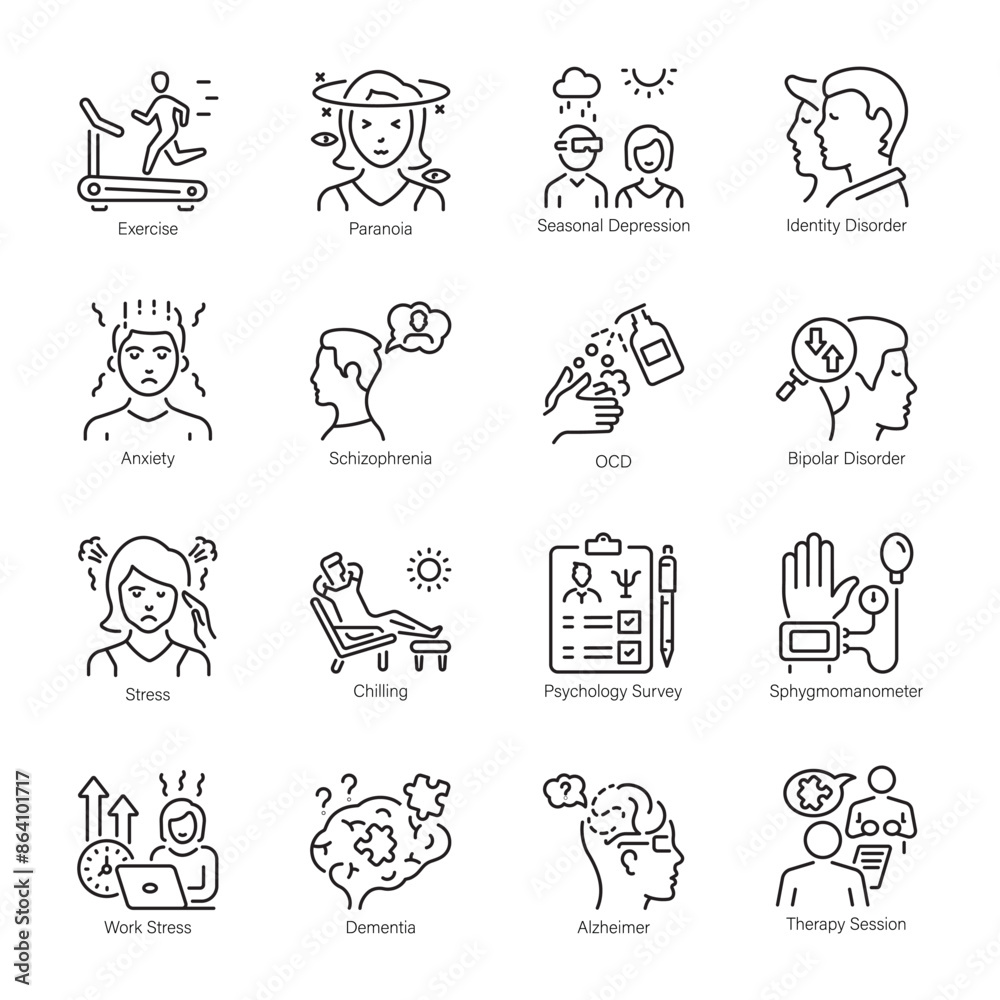 Obraz premium Collection of Mental Health Problems Outline Icons