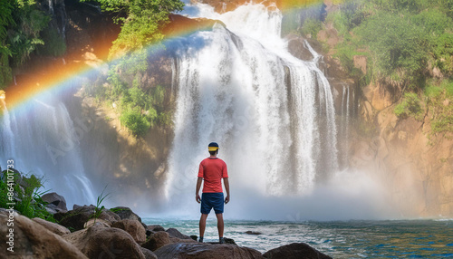 person standing on the waterfall