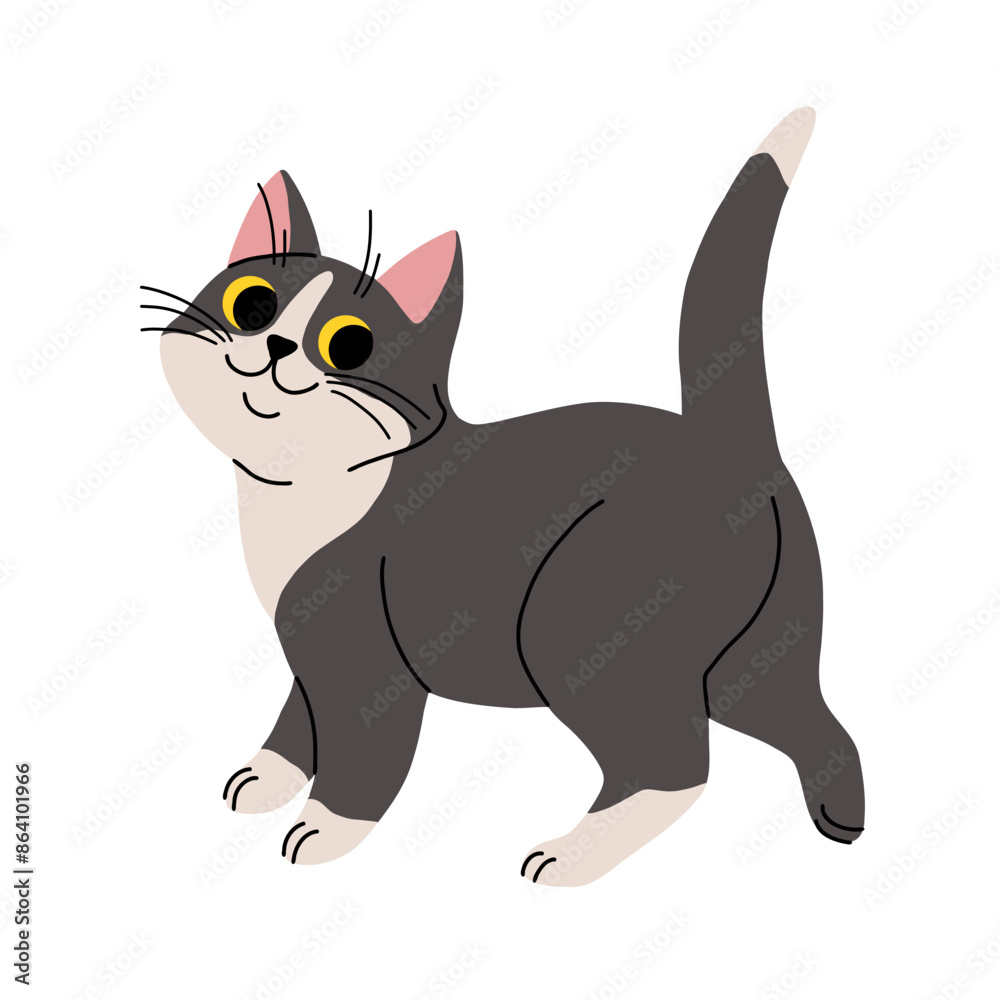 Obraz premium Cute cat concept. Adorable domestic animal walk. Fluffy black and white pet. Lovely kitten stands. Graphic element for website. Cartoon flat vector illustration isolated on white background