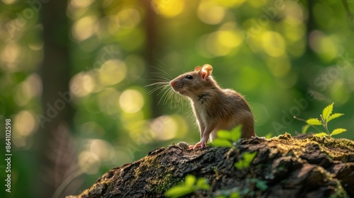 Small rodent standing on a mossy log in the forest