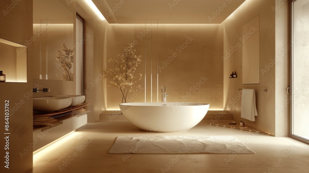 A minimalist bathroom with a freestanding bathtub, modern fixtures, and neutral tones for a spa-like ambiance. A minimalist bathroom with a freestanding bathtub, modern fixtures, and neutral tones for a spa-like ambiance.