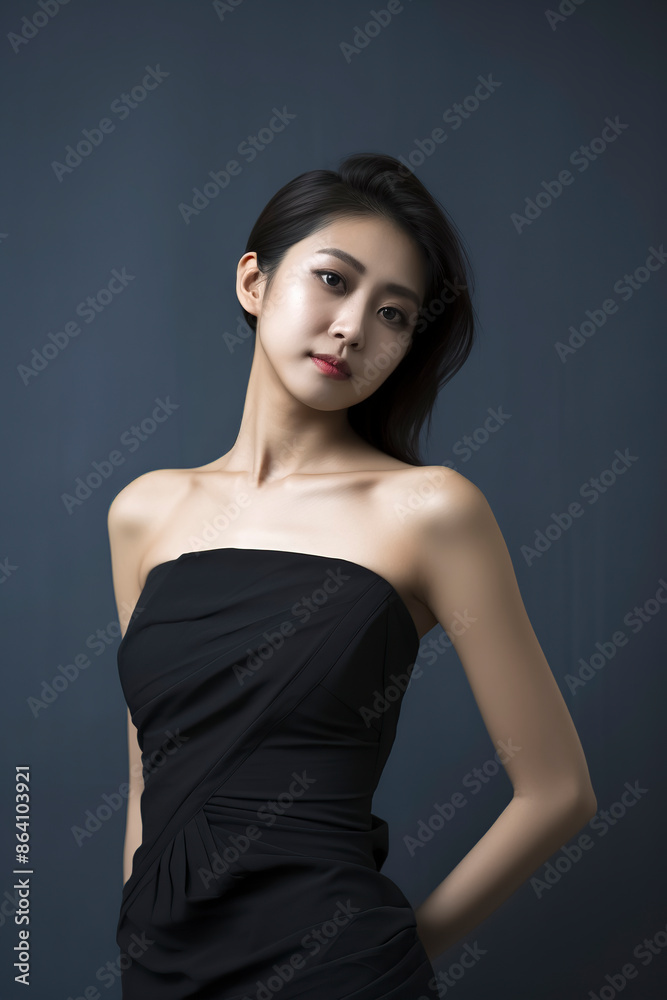 Young woman in strapless black dress posing against a dark background. Studio portrait. Fashion and elegance concept. Young woman in strapless black dress posing against a dark background. Studio portrait. Fashion and elegance concept.
