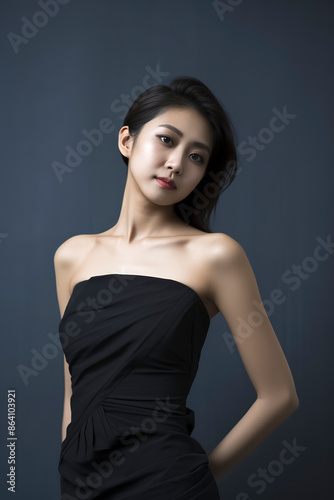 Young woman in strapless black dress posing against a dark background. Studio portrait. Fashion and elegance concept.