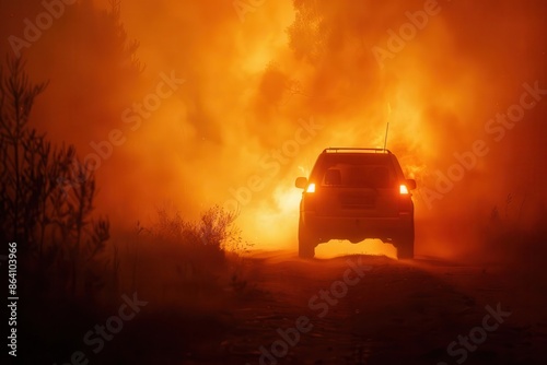 dramatic wildfire scene car silhouette on dusty path raging flames background intense orange glow billowing smoke stark contrast adrenalinefueled atmosphere © furyon