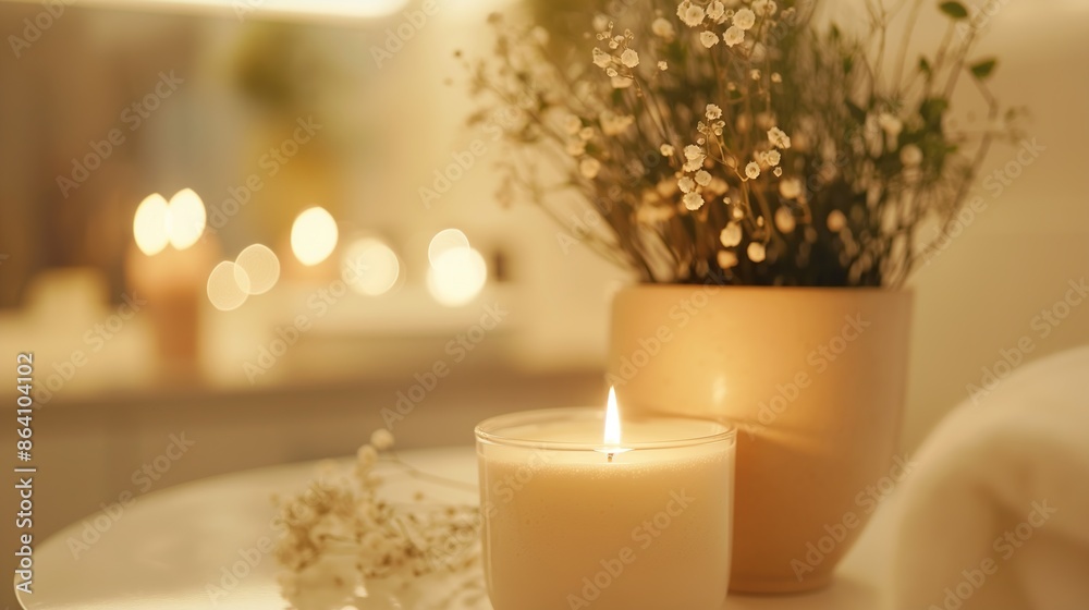 Calming Aromatherapy Setup with Scented Candles and Plants for Spa and Beauty Salon, Promoting Relaxation and Comfort in a Serene Environment Calming Aromatherapy Setup with Scented Candles and Plants for Spa and Beauty Salon, Promoting Relaxation and Comfort in a Serene Environment