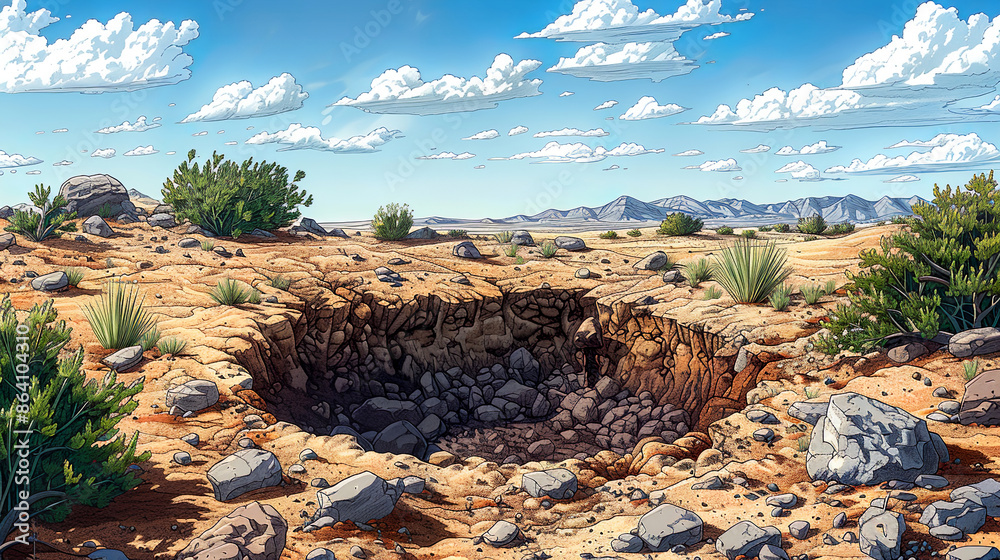 Obraz premium Illustration of a large sinkhole opening up in the desert under blue sky with puffy clouds
