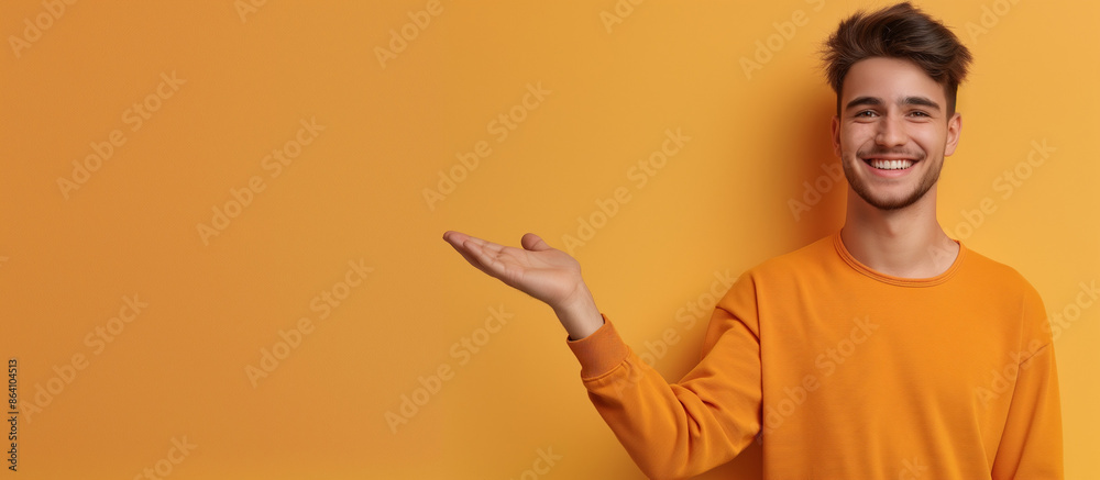 A young man smiling and presenting an empty space. The concept of advertising for presentation or promotion in business, social media marketing and sales. A young man smiling and presenting an empty space. The concept of advertising for presentation or promotion in business, social media marketing and sales.