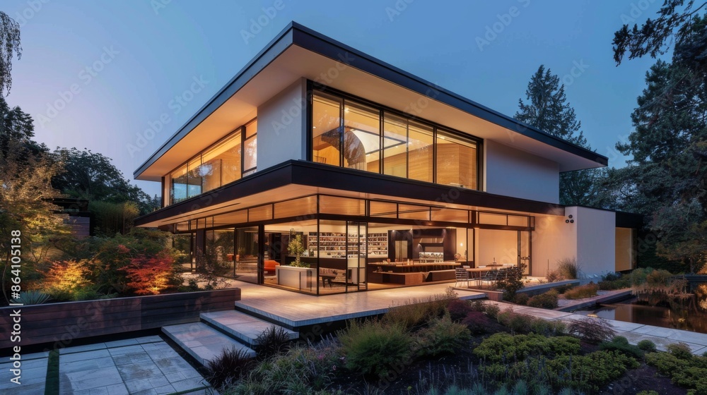 A minimalist modern house exterior with clean lines and large windows, surrounded by a neatly landscaped garden. A minimalist modern house exterior with clean lines and large windows, surrounded by a neatly landscaped garden.