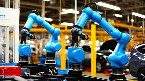 There are three blue robotic arms on a production line. photo