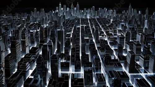 A black and white wireframe model of a city with skyscrapers and bright lights. photo
