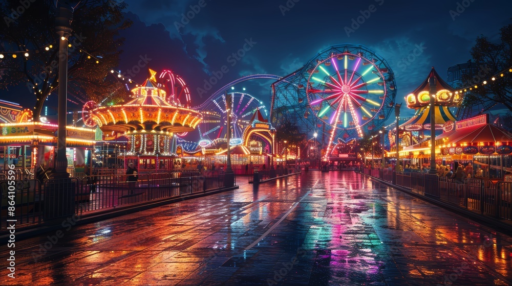 Naklejka premium Amusement park shining bright after rain at night