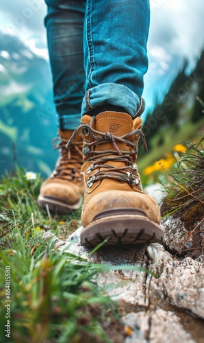 Close-up of hiking boots on a mountain trail, showcasing rugged outdoor footwear suitable for adventurous travelers