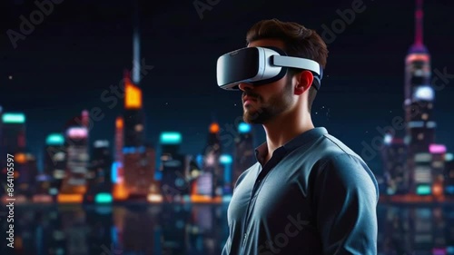 This is a video of a person wearing a virtual reality headset with a cityscape in the background. photo