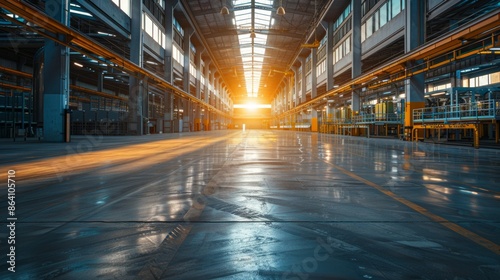 Interior of a large warehouse with sunlight streaming in