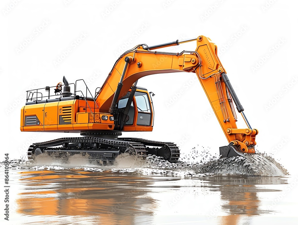 Side view of an amphibious excavator, isolated on white, highlighting specialized equipment Side view of an amphibious excavator, isolated on white, highlighting specialized equipment
