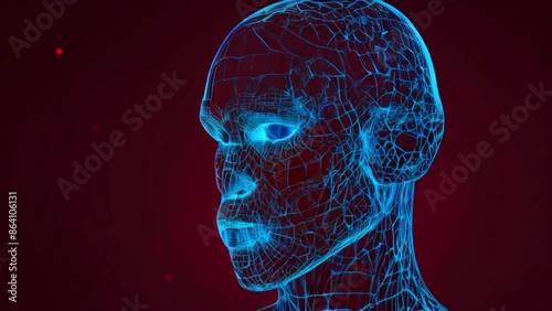 A blue, semi-transparent, wireframe model of a human head on a dark red background. photo