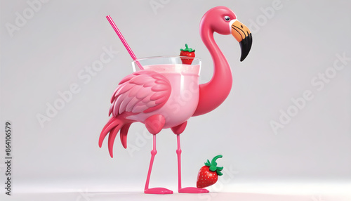 Pink flamingo having a tropical drink