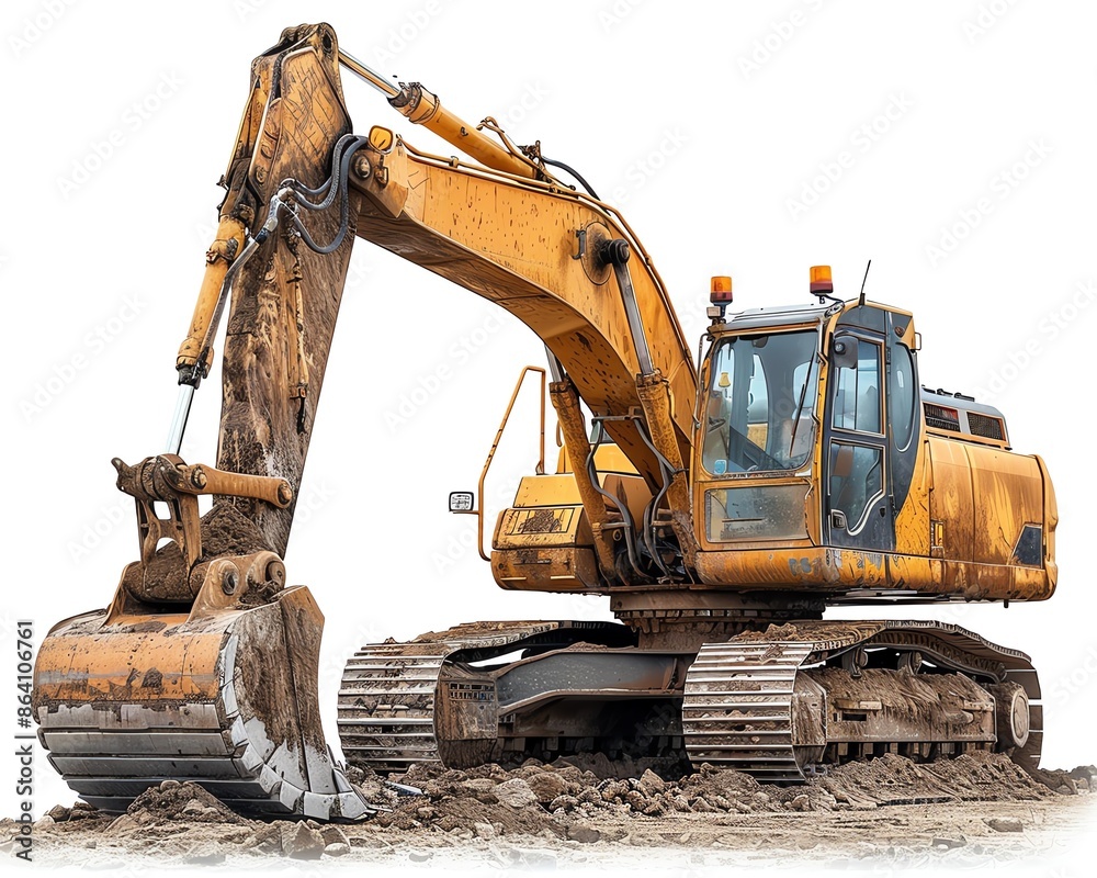 Excavator with a clamshell bucket, isolated on white, highlighting loading and unloading capabilities Excavator with a clamshell bucket, isolated on white, highlighting loading and unloading capabilities