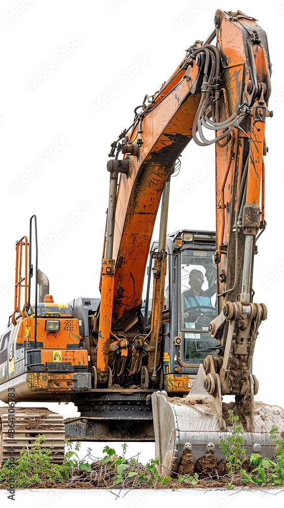 Excavator with a brush cutter attachment, isolated on white, showcasing vegetation management Excavator with a brush cutter attachment, isolated on white, showcasing vegetation management
