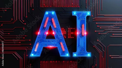 The video shows a blue and red circuit board with the letters AI in the center. photo