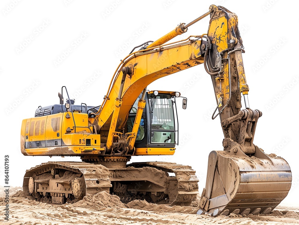Excavator with a tiltrotator attachment, isolated on white, demonstrating advanced versatility Excavator with a tiltrotator attachment, isolated on white, demonstrating advanced versatility