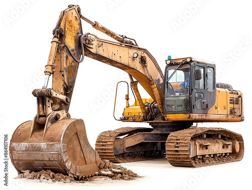 Excavator with a ripper attachment, isolated on white, showing capabilities for breaking hard ground photo