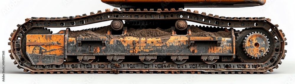 High-resolution image of excavator tracks and undercarriage, isolated on white, showing rugged design High-resolution image of excavator tracks and undercarriage, isolated on white, showing rugged design