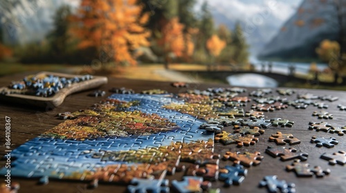 Colorful Autumn Jigsaw Puzzle on Wooden Table with Scenic Mountain View © Wahyu