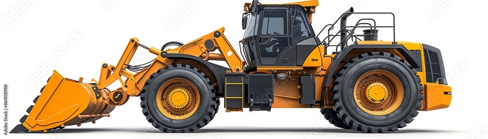 Compact wheel loader with rotary tiller, isolated on white, landscaping equipment