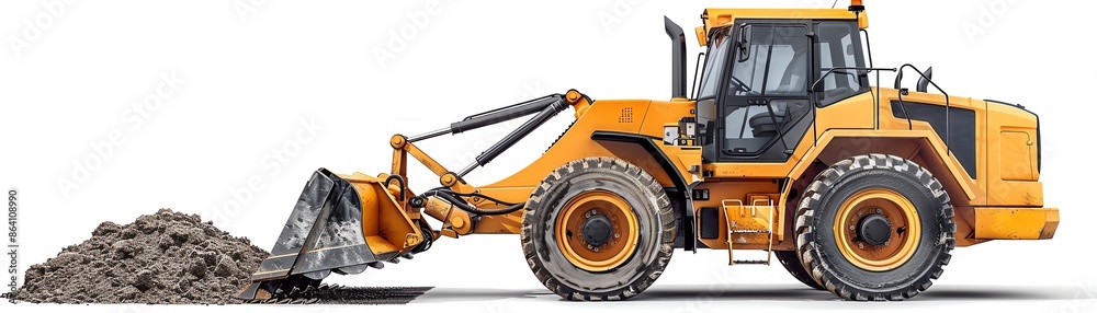 Compact wheel loader with rotary tiller, isolated on white, landscaping equipment Compact wheel loader with rotary tiller, isolated on white, landscaping equipment