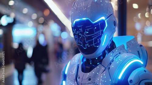 A futuristic humanoid robot with intricate circuits and glowing eyes, representing advanced artificial intelligence.
 photo