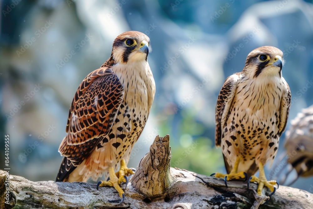 Falcons in Natural Summer Sky Background perched on Beautiful Tree Falcons in Natural Summer Sky Background perched on Beautiful Tree