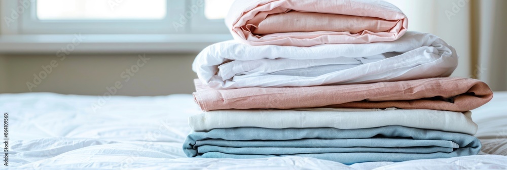 Folded Banner. Collection of Clean Bed Linen in Fresh White Colors on Background Folded Banner. Collection of Clean Bed Linen in Fresh White Colors on Background