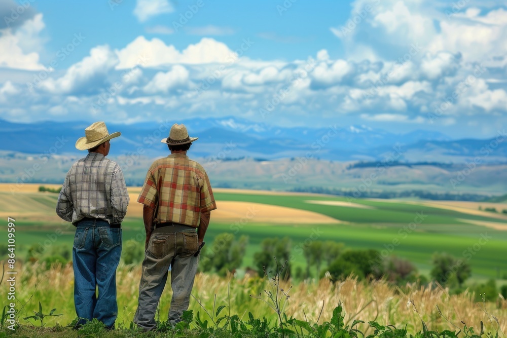 Friend Support. Two Adult Farm Workers enjoying the View Outdoors Friend Support. Two Adult Farm Workers enjoying the View Outdoors