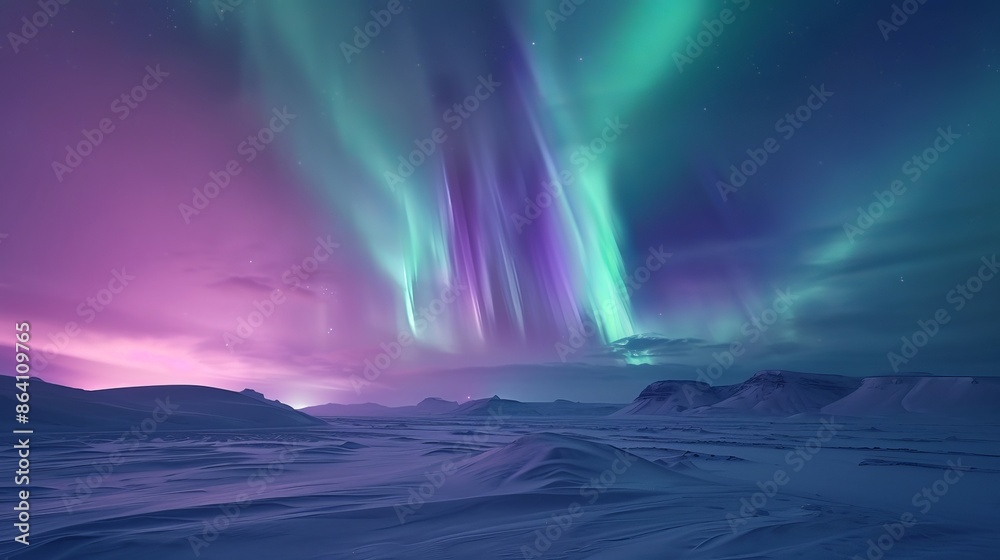 Vibrant green and purple aurora borealis display over snowy landscape at night Vibrant green and purple aurora borealis display over snowy landscape at night
