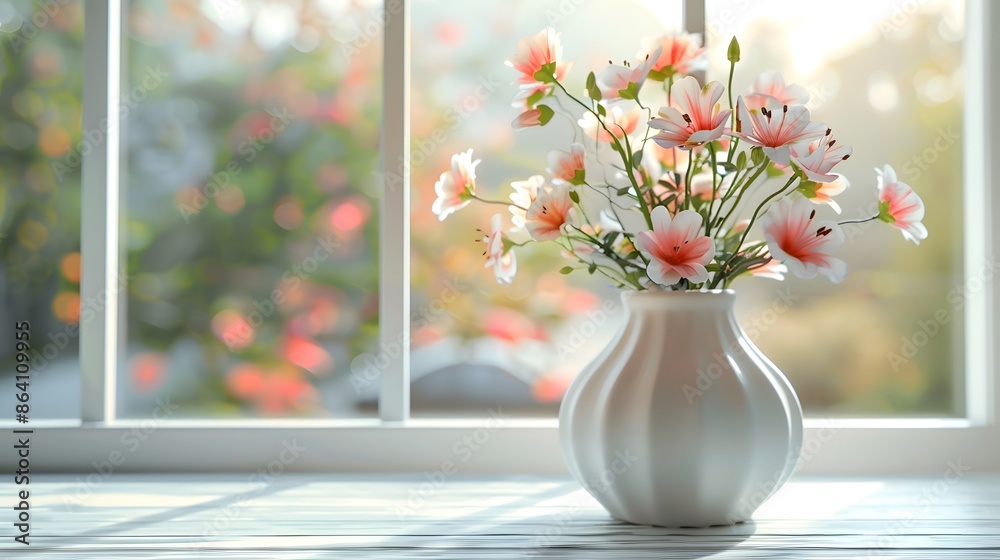 Spring flowers in a white vase on a table against a blurred window with a spring landscape outside, copy space for product display presentation. Spring flowers in a white vase on a table against a blurred window with a spring landscape outside, copy space for product display presentation.