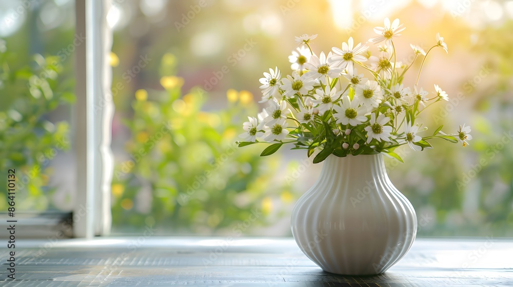 Spring flowers in a white vase on a table against a blurred window with a spring landscape outside, copy space for product display presentation. Spring flowers in a white vase on a table against a blurred window with a spring landscape outside, copy space for product display presentation.