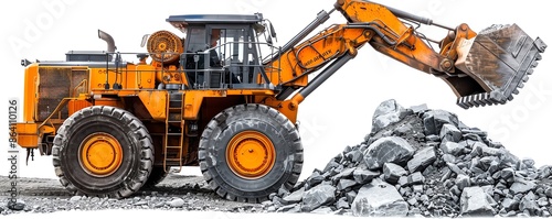 Wheel loader with rock bucket attachment, isolated on white background, rugged machinery photo