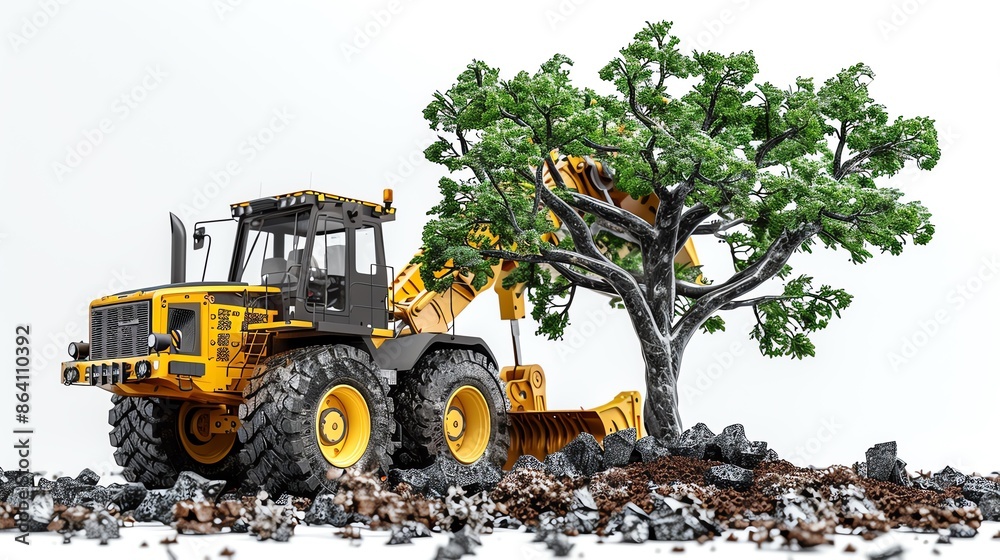 Wheel loader with tree transplanter, isolated on white, landscaping tool Wheel loader with tree transplanter, isolated on white, landscaping tool