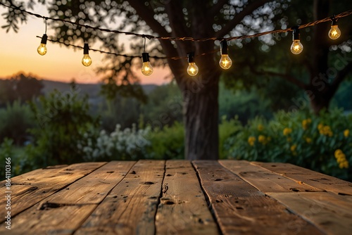 Empty Wood table top with decorative outdoor string lights hanging on trees in the revier nature  at sunset time, photo