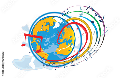 Abstract musical design with a treble clef and Planet Earth, colorful splashes, notes and waves.  Planet music. Hand drawn vector illustration.
